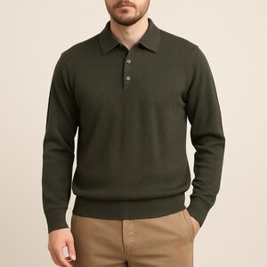 Toscano Italy Men's L Olive‎ Green Diamond Knit Long Sleeve Polo Sweater Retro